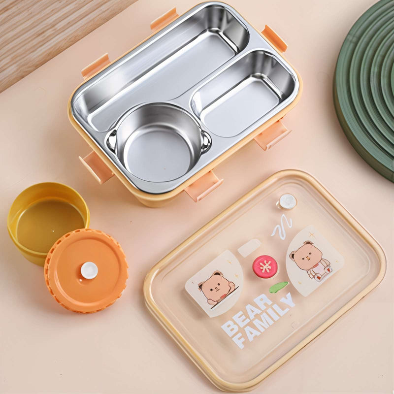Bear 3-Grid Compartment Steel Lunch Box – Stylish, Durable & Perfect for Meal Organization